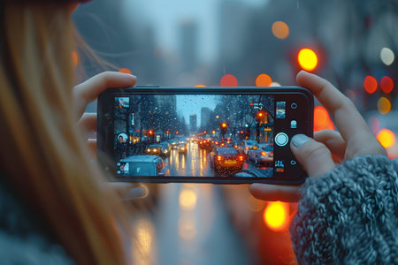 Woman capturing rainy city street with smartphone camera, bokeh lights in background.の素材