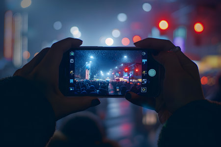 Person capturing concert stage lights with smartphone camera at night event.の素材