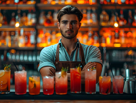 Confident male bartender presenting colorful cocktails on bar counter with blurred shelves of bottles in background.の素材
