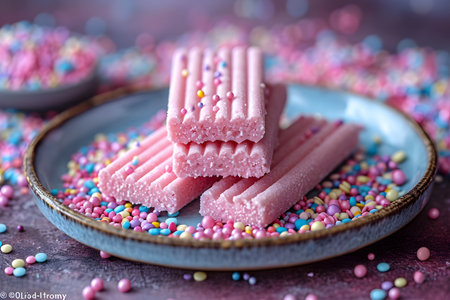 Pink candy bars with sprinkles on a blue plate with a blurred background.の素材
