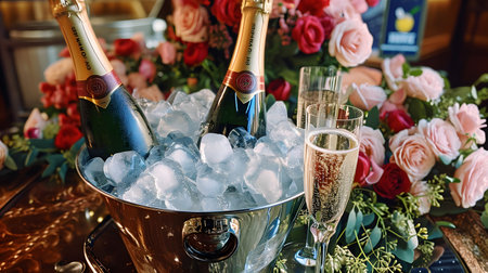 Champagne bottles in ice bucket with elegant glass and floral arrangement at a celebration.の素材