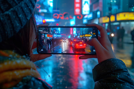 Person capturing rainy city street at night through smartphone screen, vibrant urban life background.の素材