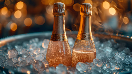 Champagne bottles in ice bucket with glasses on table, blurred background in a cozy setting.の素材
