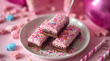 Plate with pink frosted pastries and sprinkles, festive balloons and decorations on a pink background.の素材