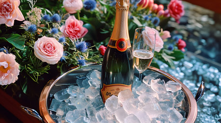 Champagne bottles in ice bucket with elegant glass and floral arrangement at a celebration.の素材