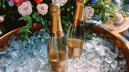 Two champagne bottles chilling in a bucket with ice cubes, suggesting a celebration or luxury event.の素材