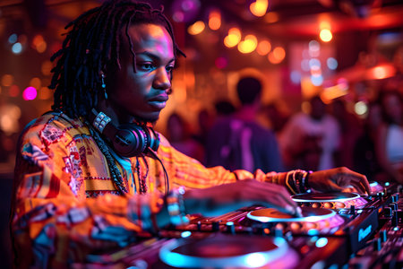Focused DJ mixing tracks on a console at a vibrant nightclub with colorful lights and a bokeh effect.の素材