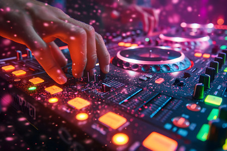 DJ mixing at a club with colorful lights and sound mixer equipment.の素材