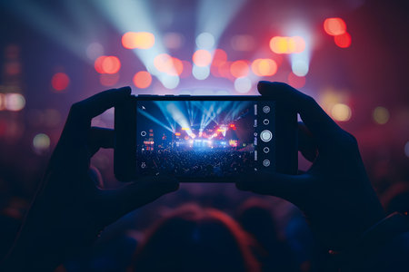 Person recording concert with smartphone, colorful stage lights in background, focus on phone screen.の素材