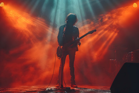 Silhouette of a guitarist performing on stage with dramatic red and blue stage lighting.の素材