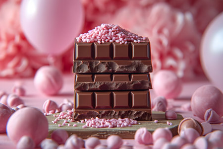 Stack of pink chocolate bars with sprinkles on a plate, festive background with balloons.の素材
