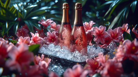 Two chilled champagne bottles in a bed of ice, surrounded by pink flowers and lush greenery.の素材