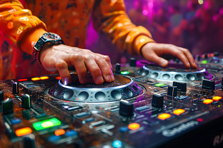 DJ mixing at club with colorful neon lights. Hands adjusting controls on DJ mixer.の素材