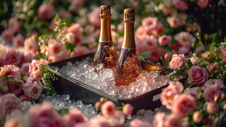 Two champagne bottles in ice bucket with pink roses, elegant celebration concept.の素材