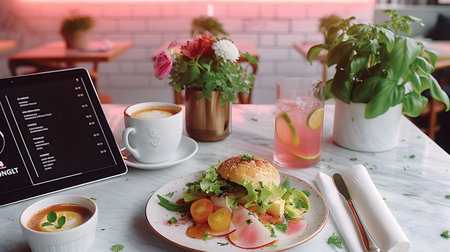 Cozy breakfast setting with a healthy plate, coffee, and laptop on a table decorated with flowers and a lit candle.の素材