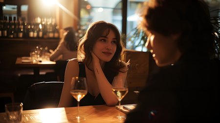 Elegant woman in a black dress enjoying a romantic dinner at a dimly lit restaurant with a glass of wine.の素材