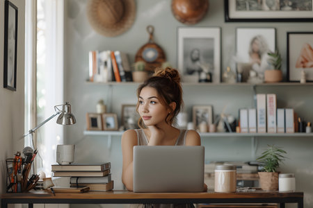 Focused woman working on laptop at a cozy home office with books and decor on shelves.の素材