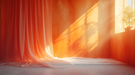 Cozy morning scene with sunlight streaming through red curtains onto a serene bedroom interior.の素材