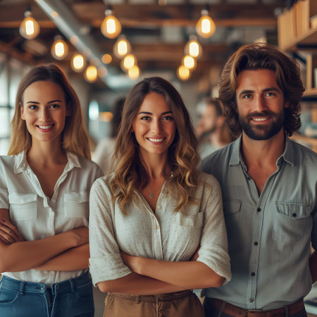 Three smiling young adults standing confidently in a cozy cafe with warm lighting.の素材