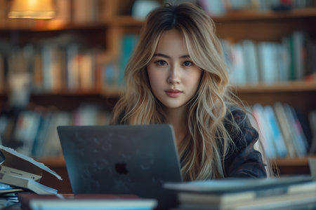 Focused young woman studying with laptop and books at library.の素材