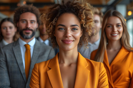 Diverse business team smiling confidently, professional attire, office setting.の素材