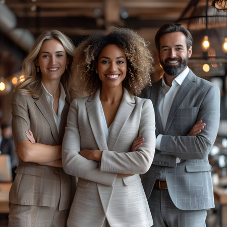 Diverse business team smiling confidently, professional attire, office setting.の素材