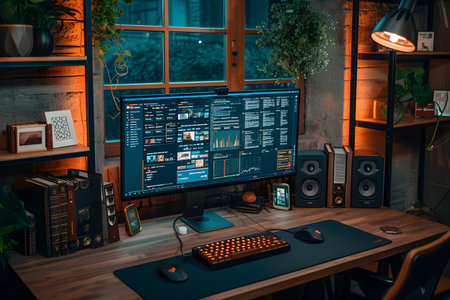 Cozy home office setup with a large monitor, mechanical keyboard, and warm ambient lighting at night.の素材