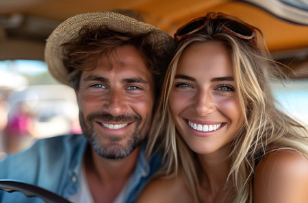 Happy couple enjoying a summer road trip together, smiling at the camera with a sunlit backdrop.の素材