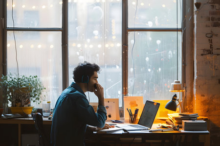 Man working late on laptop in cozy office with fairy lights and window view of snowflakes.の素材