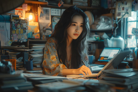 Serene young woman surrounded by books in a cozy, vintage library setting, portraying a sense of calm and knowledge.の素材