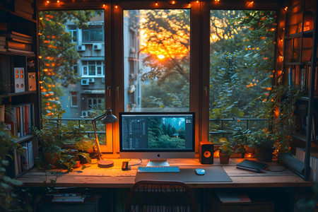 Cozy home office with computer on desk, warm lighting, and view of greenery through window.の素材