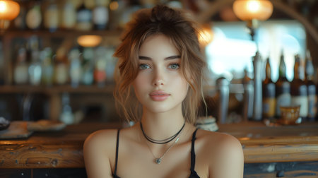 Portrait of a young woman with a soft gaze, in a dimly lit cafe with bokeh background.の素材