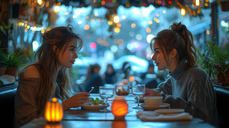 Two women enjoying a meal in a cozy restaurant with warm ambient lighting and festive decorations.の素材