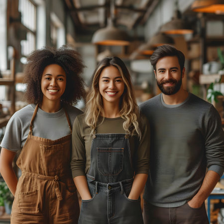 Three smiling diverse friends in casual clothing standing together in an indoor setting.の素材