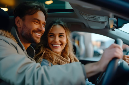 Happy couple enjoying a car ride together during golden hour, with warm lighting and smiles.の素材