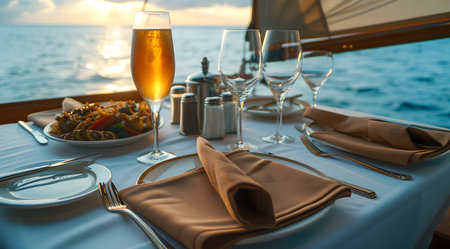 Elegant dinner setup on a yacht with a glass of wine and ocean sunset in the background.の素材