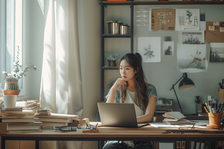 Thoughtful woman working on laptop in a cozy home office with books and plants, warm natural light filtering through the window.の素材