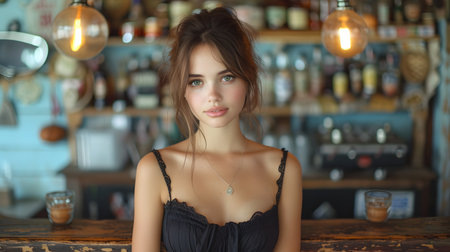 Portrait of a young woman with a soft gaze, in a dimly lit cafe with bokeh background.の素材