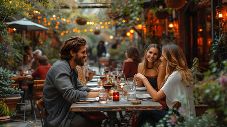 Friends enjoying a meal at a cozy outdoor restaurant with ambient lighting and lush greenery.の素材