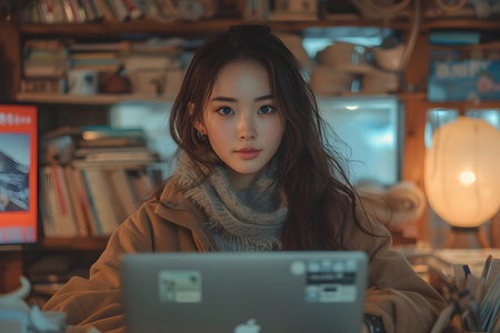 Serene young woman working on laptop in sunlit room with warm, cozy ambiance.の素材