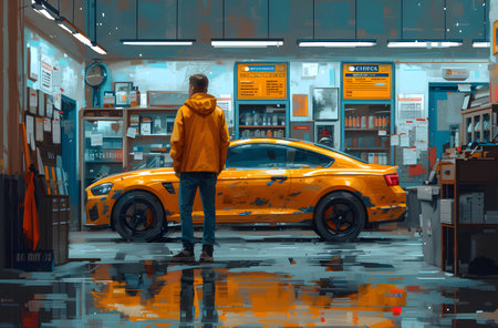 Man in yellow jacket standing in front of a yellow sports car in a rainy, illuminated parking lot at night.の素材