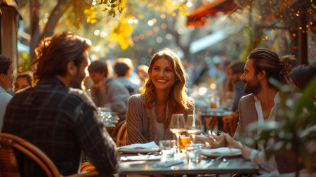Friends enjoying dinner at a cozy outdoor restaurant with warm lighting and festive atmosphere.の素材