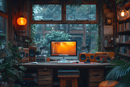 Cozy home office with computer on desk, warm lighting, and view of greenery through window.の素材