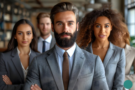 Diverse business team smiling confidently, professional attire, office setting.の素材