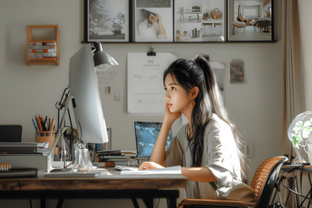 Young woman working at a stylish home office desk with a laptop, notebook, and warm natural light.の素材