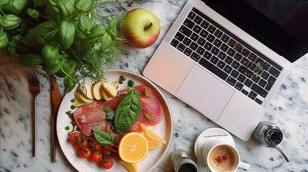 Cozy breakfast setting with a healthy plate, coffee, and laptop on a table decorated with flowers and a lit candle.の素材