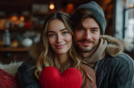 Affectionate couple holding a red heart, showcasing love and togetherness, with a cozy cafe background.の素材