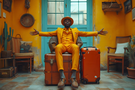 Stylish man in yellow suit sitting on vintage suitcases against a vibrant blue wall with cacti.の素材