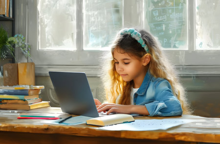 Focused young girl studying with laptop and books at a sunlit table by the window.の素材