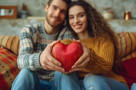 Happy couple holding a red heart together, symbolizing love and togetherness, with a cozy home background.の素材